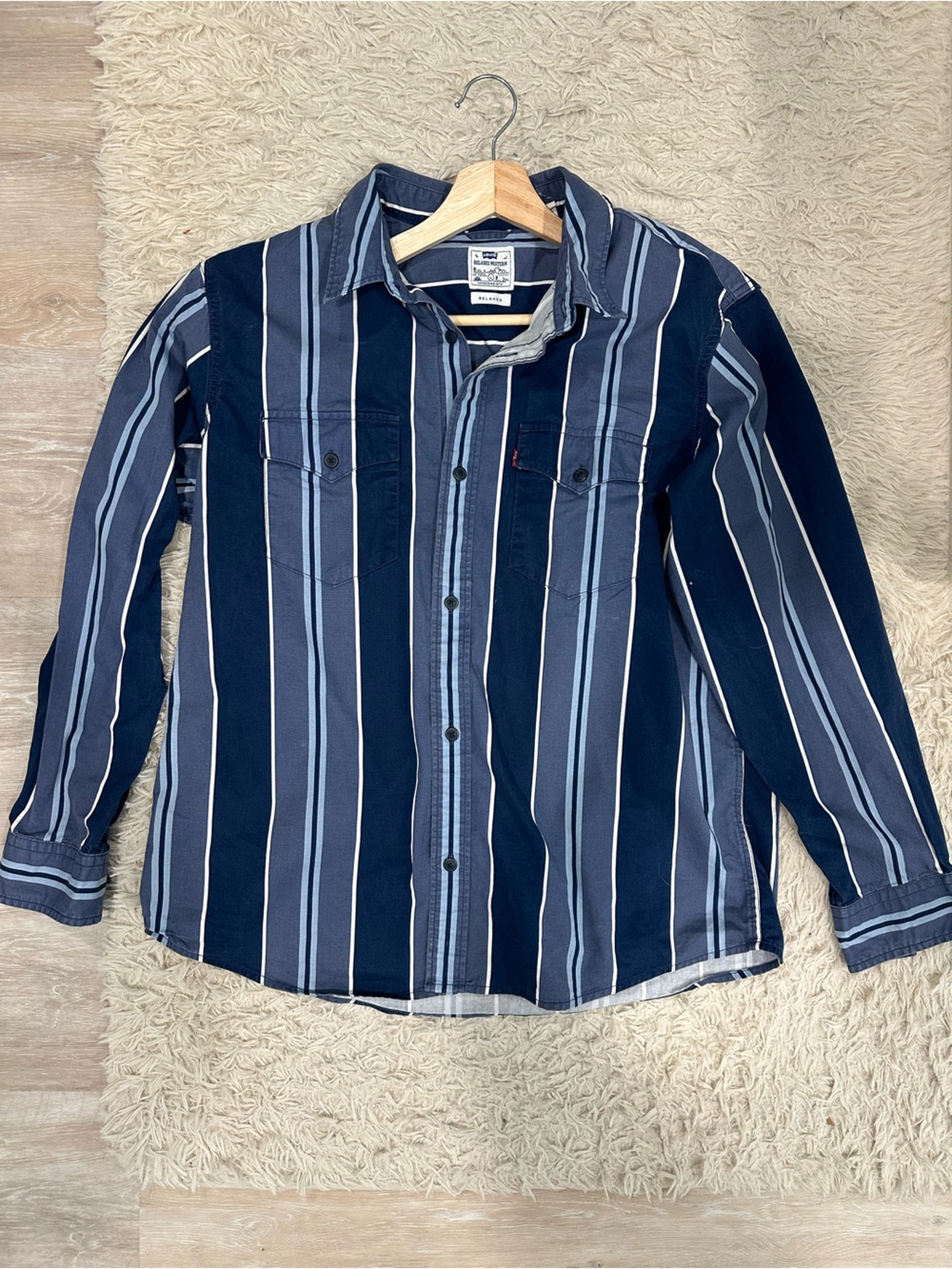 Levi's Men's Navy and Light Blue Vertical Stripe Button-Down Shirt
